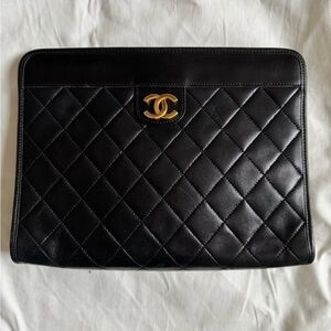 Vintage Chanel Black Quilted Lambskin Clutch with Gold CC Logo